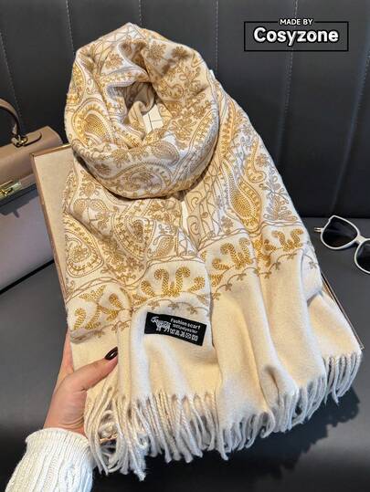 1pc Paisley Floral Embroidered Soft Scarf, Warm Thick Bohemian Style Tasseled Shawl Wrap, Suitable As Gift For Women/Mothers, Autumn/Winter