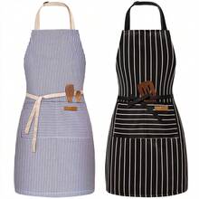 2 Pack Adjustable Bib Apron With 2 Pockets Chef CooFKing Kitchen Restaurant Aprons For Women Men,Blue/FFBlackssstripes - Blue/FBlacksstripes - View 1