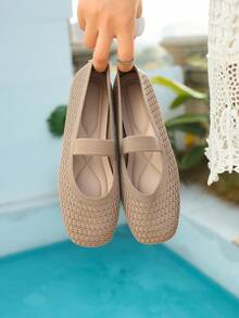 女士休闲玛丽珍鞋，系带编织方头套脚鞋，春夏款 - 卡其色小格子 - 查看 9