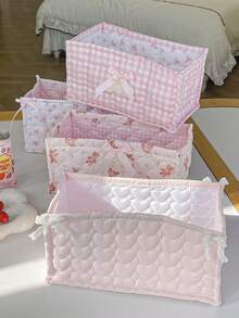 1 PC Pink Floral Quilted Cute Girls Foldable Storage Bucket Makeup Cosmetics Skincare Beauty Tool Make Up Brush Organizer Storage Basket Office Dorm Cruise Bedroom Essentials Storage For Lipstick,Accessory,For Friends Birthday Gift Bridesmaid Gift - Multicolor - View 3