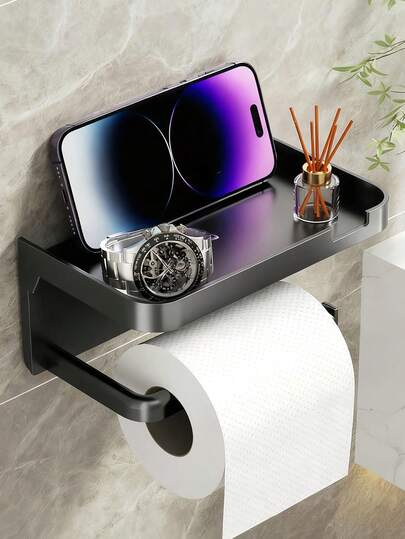 1pc No-Drill Toilet Paper Holder, Hygienic Drawer Roll Paper Rack, Wall-Mounted Bathroom Tissue Holder With Phone Stand, Plastic Material, Dual-Purpose Bathroom Storage Rack Suitable For Tissues And Essentials, Tissue Holder, Wall-Mounted Bathroom Shelf, Bathroom Accesssories, Bathroom Deccor, Room Decor, Valentine's Day, Bathroom Sets