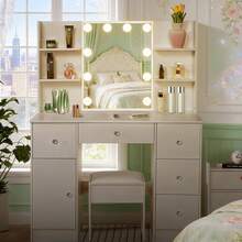 Large Dressing Table Stool Set With LED Lights Mirror, White Vanity Make Up Desk - White - View 8