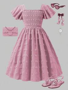 Tween Girl Casual Elegant Off-Shoulder Floral Embroidered Ruffle Sleeve Dress, Spring/Summer - Pink - View 1