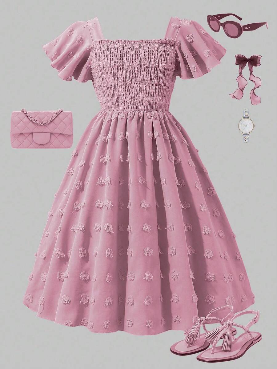 Tween Girl Casual Elegant Off-Shoulder Floral Embroidered Ruffle Sleeve Dress, Spring/Summer - Pink - View 1