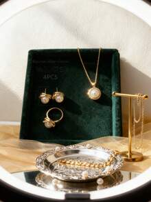 4 件不锈钢首饰套装包括项链、耳环、戒指、复古优雅人造珍珠项链装饰与水钻玫瑰花瓣，适合女性日常/派对佩戴、母亲节和情人节礼物情人节、妈妈、母亲、母亲节、礼物