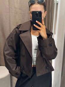 女士短款棕色夹克，冬季外套，街头风外衣，秋季，女士双排扣优雅翻领时尚短款风衣，新款优雅纯色OL风夹克，春季 - 紫紅色 - 查看 4
