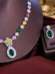 1 套流行多色方晶锆石花朵首饰套装，镀银女士椭圆形 CZ 吊坠耳环和项链，适合婚礼、订婚、宴会、派对、舞会，送给新娘、女友、妻子、圣诞节的礼物 - 彩色 - 查看 8