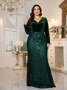 XUIBOL Đầm dạ hội trang trọng, thanh lịch, cổ chữ V, đính sequin và họa tiết hoa dành cho nữ cỡ lớn. - Màu xanh lá cây đậm - Xem 5