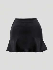 Youweini 优雅休闲柔软丝滑亮面黑色A字迷你裙，高腰拉链设计，适合派对、情人节、音乐节、婚礼等场合。 - 黑色 - 查看 6