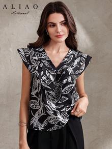 Elegant Ruffle Collar Blouse, New Leaf Print, Women's Shirt, Summer Top, Ruffle Hem Blouse, Summer Shirt, Casual Women's Wear, Dignified Top, Women's Summer Clothing - Black and White - View 5