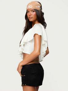Women's Ruffled V-Neck Crop Top Short Flutter Sleeve Boho Chiffon Blouse - trắng - Xem 5
