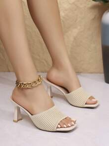 Dép xăng đan cao gót 2-3 inch dành cho nữ, kiểu dáng trung bình, thích hợp đi ngoài trời, mẫu thời trang Hàn Quốc mùa xuân/hè 2025, chất liệu vải, phù hợp cho tiệc bãi biển, đám cưới, công sở. - Màu be - Xem 6