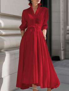 Vusalt 女士春季梭织长袖优雅通勤风系带衬衫裙，白色，适合优雅派对、情人节装扮、婚礼宾客礼服、生日礼服、外出游玩、优雅连衣裙、休闲长裙、白色连衣裙 - 紅色 - 查看 4