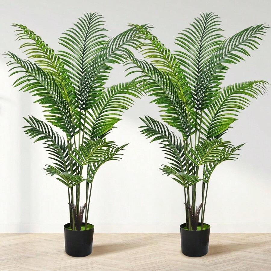 Artificial Palm Tree 4FT Fake Tree With White Tall Planter 2 Pack Faux Tropical Areca Floor Plant In Pot Artificial Silk Plant For Home Office Living Room Decor Indoor - 5 FT - Xem 1