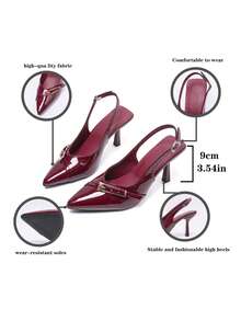 Giày cao gót nữ thanh lịch, gợi cảm, màu trơn, thích hợp đi làm, dự tiệc, chất liệu da PU, khóa cài, màu đen bóng, sandal gót thấp. - Màu Đỏ Sâu - Xem 4