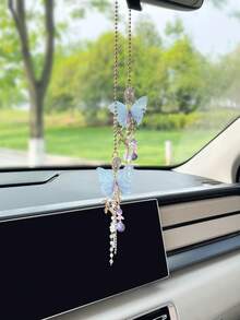 1pc Butterfly Car Pendant Interior Decoration Ornament, Rearview Mirror Hanging Decor For Women - Blue - View 6