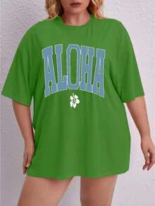 Oversized Printed Aloha Flower T-Shirt, Summer/Spring Short Sleeve Blouse, Lightweight Gym Wear - Green - View 6