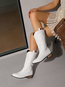 Fall/Winter 2025 New Women's Embroidered Leather White Western Boots, Pointed Toe Thick Heel High Heel Sleeve Mid-Calf Boots, Outdoor Leisure Fashion Boots,Cowboy Boots - White - View 6