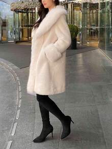 Women's Luxury Solid Color Faux Fur Long Collar Coat, An Ideal Choice For Winter - White - View 2