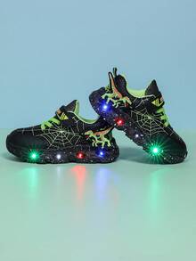 时尚蜘蛛恐龙图案LED发光透气网面运动鞋，男女童皆宜 - 休闲、减震、四季皆宜防滑户外跑步和步行鞋 - 黑色 - 查看 4