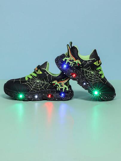 Fashionable Spider Dinosaur LED Light-Up Breathable Mesh Athletic Shoes, Suitable For Boys And Girls - Casual, Shock-Absorbing, All-Season Non-Slip Outdoor Running And Walking Shoes