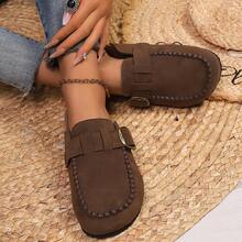European Style Suede Mule Slippers, Buckle Strap Casual Backless Slip-On Loafers For Women