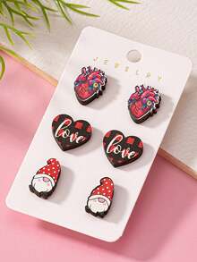 Bộ 3 đôi bông tai hình chú lùn và trái tim dễ thương dành cho Ngày Valentine, bộ trang sức chủ đề đỏ và kẻ caro, món quà lãng mạn dễ thương dành cho nàng. - Bộ khuyên tai hình trái tim - Xem 2