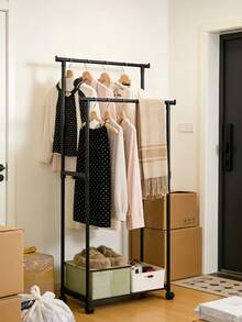 Mobile Double/Single Rod Garment Rack - Movable Wheeled Design, With Storage Space, Suitable For Entryway/Bedroom/Closet - Black - View 2