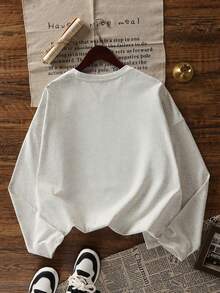 灰色字母印花圆领长袖T恤，女士休闲宽松百搭打底衫，春秋季 - 淺花灰 - 查看 5