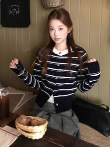 Striped Argyle Knit Cardigan & Pleated Skirt Set For Women, (Random Stripe Pattern)