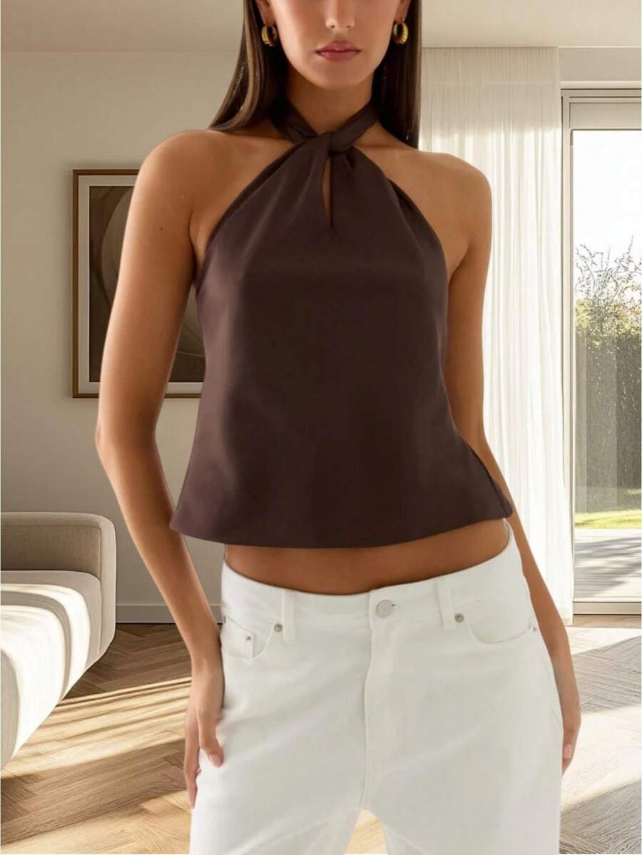 Women's Halter Neck Tank Tops Y2K Front Keyhole Sleeveless Crop Tops Cute Back Tie-Up Cropped Vest Open Back Chiffon Camisole Summer Casual Blouse Going Out Tops Strretwear Shirt For Party Beach - 深棕色 - 查看 1
