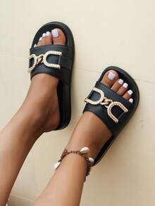 Women's Fashion Strap Sandals, Gold Buckle Decor Casual Comfortable Flat Slippers, Suitable For Outdoor, Vacation, Beach - Black - View 4