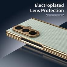 真皮一体式电镀材质仿皮全包覆保护手机壳，兼容三星 Galaxy Z Fold 7 6 5 4 Fold7 Fold6 Fold5 Fold4，附赠钢化玻璃屏幕保护膜，春季礼物 - 青色 - 查看 3