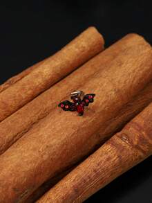 1pc Gothic Style Stainless Steel Red Rhinestone Bat Nose Stud, Unisex Dark Style Party Piercing Accessory