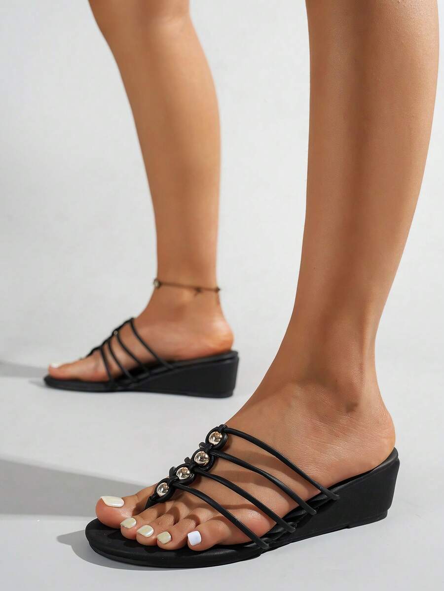女士串珠编织人字拖凉鞋，黑色绑带坡跟，夏季新款时尚百搭罗马凉鞋，休闲海滩度假风 - 黑色 - 查看 1