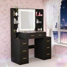Large Black Dressing Table With Smart LED Mirror 7 Drawers Makeup Vanity Desk UK - Black - View 8