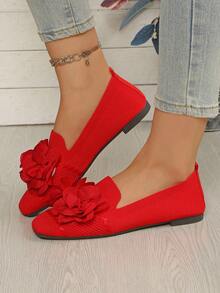 女士红色休闲套脚鞋，饰有花朵图案，时尚度假风方头鞋 - 紅色 - 查看 3