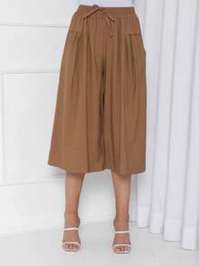 Plain Culottes With Two Elasticated Waist Pockets, Women's Linen, Knot Detail, Wedding Dress. - 卡其色 - 查看 3