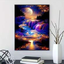 5D钻石画金色仙境瀑布，现代艺术全圆钻马赛克画，客厅家居装饰 - 彩色 - 查看 2