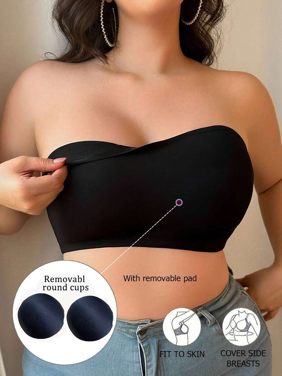 1pc Plus Size Simple Black Strapless Bra With Removable Pads, Silicone Non-Slip Design, Comfortable Bandeau Bra - Black - View 1