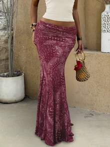 女士波西米亚风网纱A字长裙，休闲高弹佩斯利印花半身裙 - 酒紅色 - 查看 6