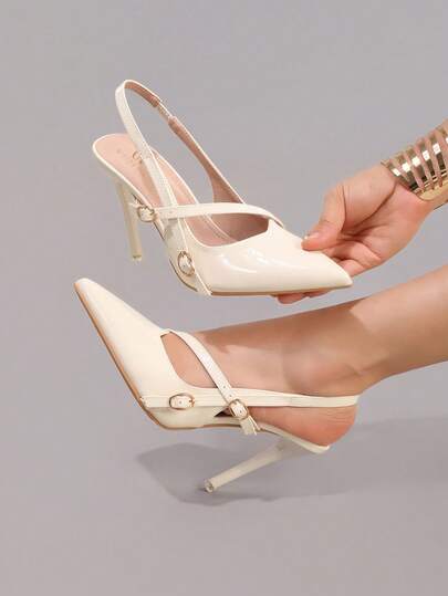 Modne, błyszczące, beżowe buty na wysokim obcasie, seksowne, szpiczaste noski, superwysokie obcasy, na imprezę, bal, wesele, sandały na szpilce dla kobiet