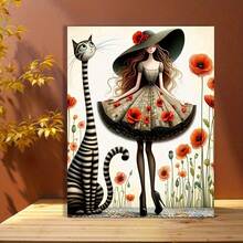 1 pieza de impresión de arte en lienzo enmarcado - Gato y niña caprichosos en vestido floral, decoración de pared interior para dormitorio, sala de estar o oficina, 30.48x40...64 cm, sin marco, arte de pared moderno e inspirador, arte de pared para dormitorio| Diseño Juguetón| Colores Vibrantes, Decoración de Gatos - Multicolor - Ver 7
