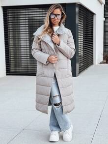 Women's Long Quilted Coat, Simple And Loose Cut, Snap Button Design, High Collar, Polyester Fabric, Smooth Lining, Knee Length, With Side Pockets, Suitable For Autumn And Winter Wear. - Beige - View 1