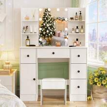 Dressing Table Vanity Set Makeup 10 LEDs Mirror Jewellery Organizer - White - View 5