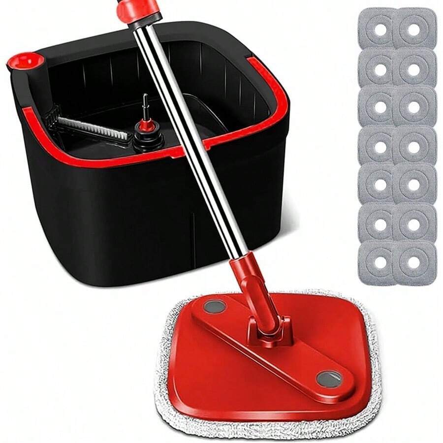 Spin Square Mop And Bucket Set With 14 Replaceable Microfiber Pads And Self Separation Dirty And Clean Water System Self Wringing 360° Rotating Mops Head For Home Floors Cleaning - 黑紅 - 查看 1