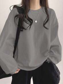 2026 Long Sleeve Tops WomenDAZY Solid Drop Shoulder Oversized Tee, Fall Clothes, Back To School Clothes SweatshirtLoose And Comfortablesudaderas Para Mujer Parke Sweatshirt - 淺灰色 - 查看 2