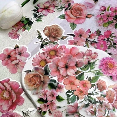 SCXXBSW 50张粉色花朵贴纸 - 双面透明PET材质，精致可爱，非常适合装饰行李箱、笔记本、水瓶、铅笔盒、手机或作为节日礼物的装饰品。