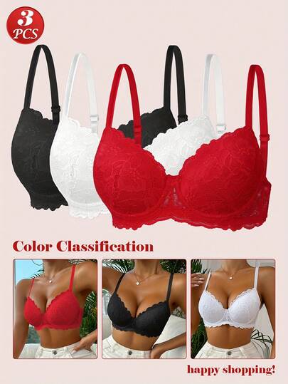 Hersunei Peach Girl 3pcs Women's Multicolor Lace Bras With Underwire, Thin Cup, Breathable And Comfortable Lingerie Set