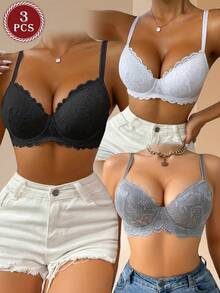 Hersunei 蜜桃女孩3件套女士多色蕾丝钢圈文胸，薄杯，透气舒适内衣 - 彩色 - 查看 5